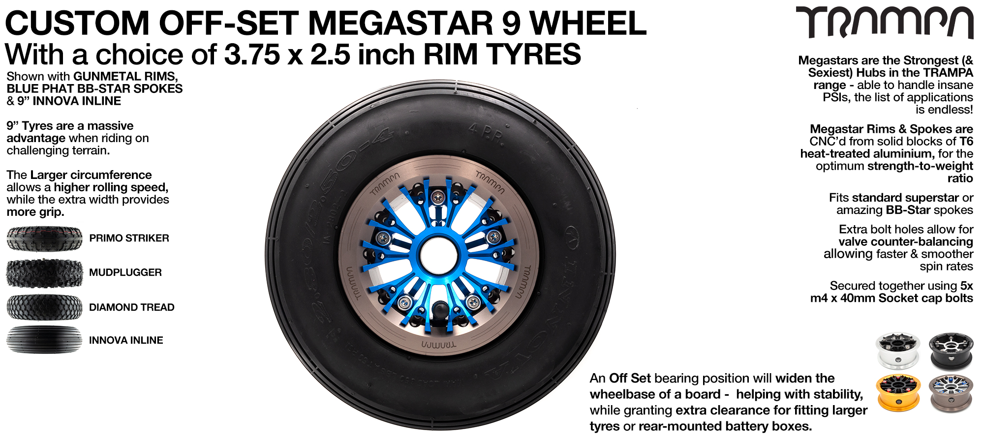 OFF-SET MEGASTAR 9 WHEEL - Fits from 6 - 10 Inch Tyres - 3.75/4 x 2.5 Inch 