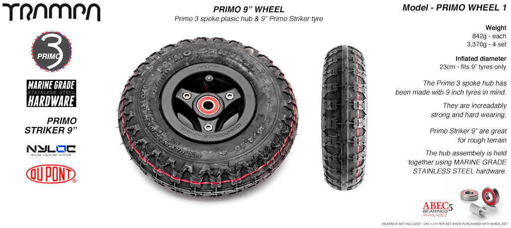 9 inch Wheel - 3 Spoke PRIMO Hub & 9 Inch PRIMO STRIKER Tyre 