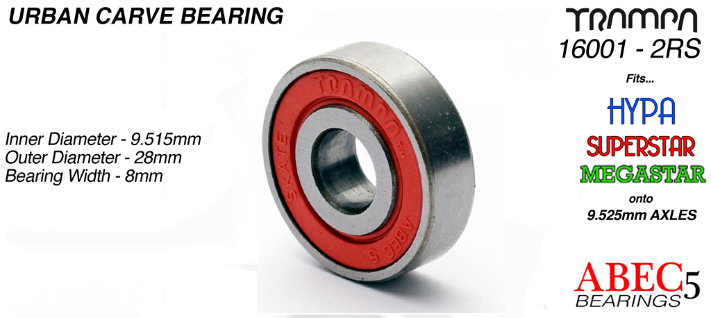 URBAN CARVER ABEC 5 Bearings 16001 2RS (9.525 x 28 x 8mm) RED Sidewalls with Embossed Logo 