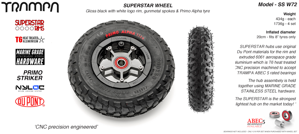 Superstar 8 inch wheel - Black Gloss Rim with Gunmetal Anodised spokes & Black Alpha 8 Inch Tyre