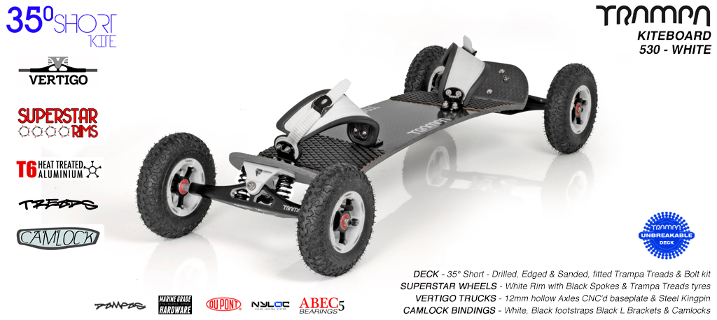 35° Short TRAMPA Deck on VERTIGO Trucks with SUPERSTAR Wheels & CAMLOCK Bindings - 530 WHITE KITEBOARD