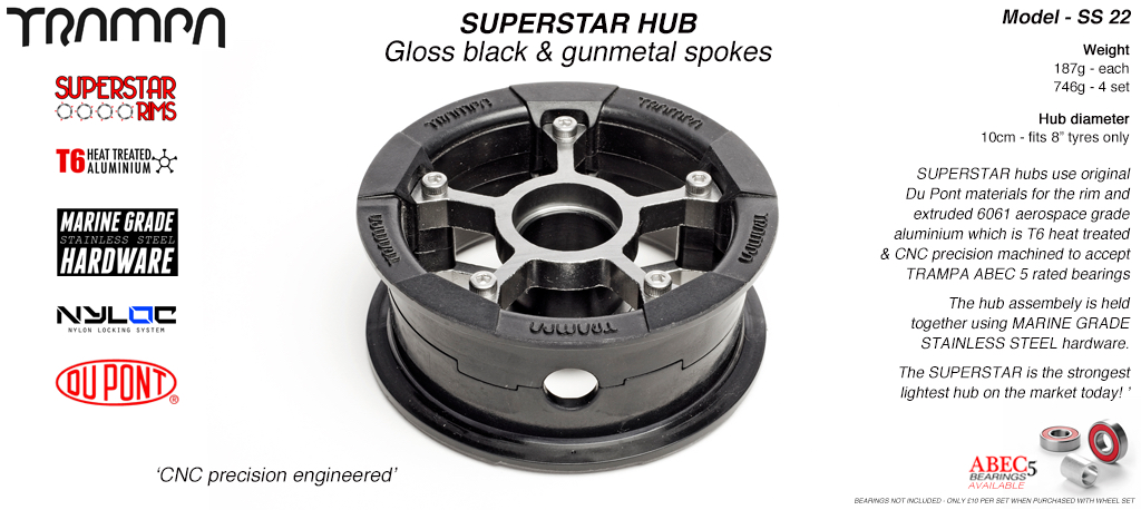 SUPERSTAR Hub 3.75 x 2 Inch - Black Rim with Gunmetal anodised Spokes & Marine Grade Stainless Steel Bolt kit