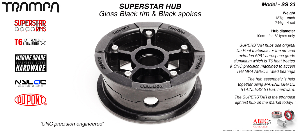 SUPERSTAR Hub 3.75 x 2 Inch - Black Rim with Black anodised Spokes & Marine Grade Stainless Steel Bolt kit