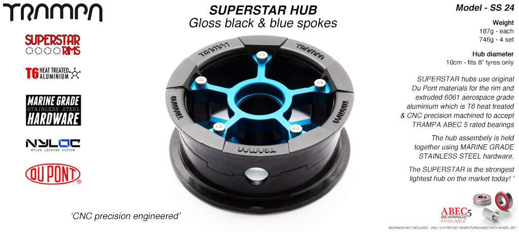SUPERSTAR Hub 3.75 x 2 Inch - Black Rim with Blue anodised Spokes & Marine Grade Stainless Steel Bolt kit