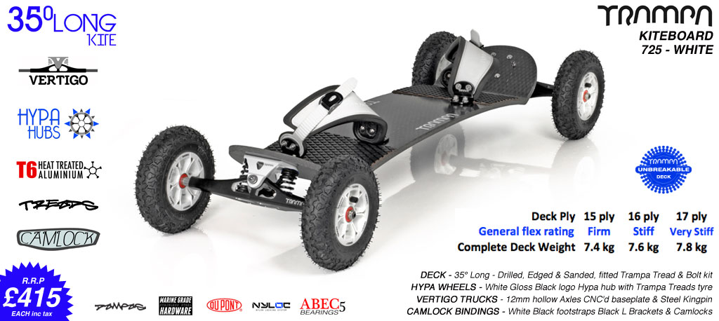 35° Long TRAMPA Deck on VERTIGO Trucks with HYPA Wheels & CAMLOCK Bindings - 725 WHITE KITEBOARD