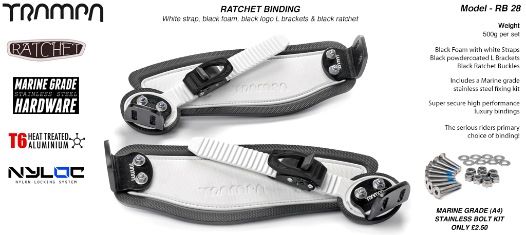 Ratchet Bindings - White Straps on Black Foam with Black L-Brackets & Ratchets