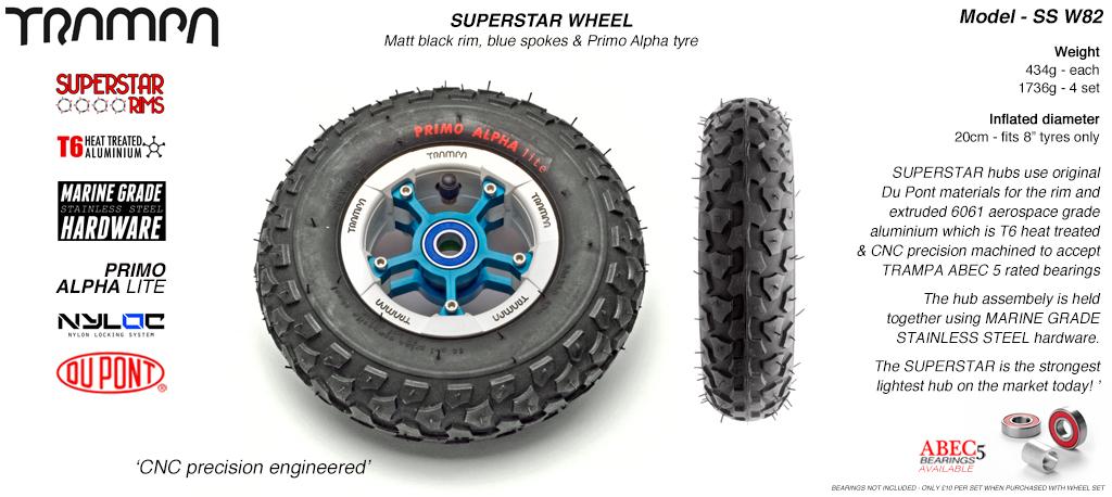 Superstar 8 inch wheel - White Gloss & Black logo Rim Blue Anodised Spokes & Black Alpha 8 Inch Tyre