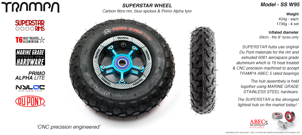 Superstar 8 inch wheel - Carbon Fiber Print rim with Blue Anodised Spokes & Black Alpha 8 Inch Tyre