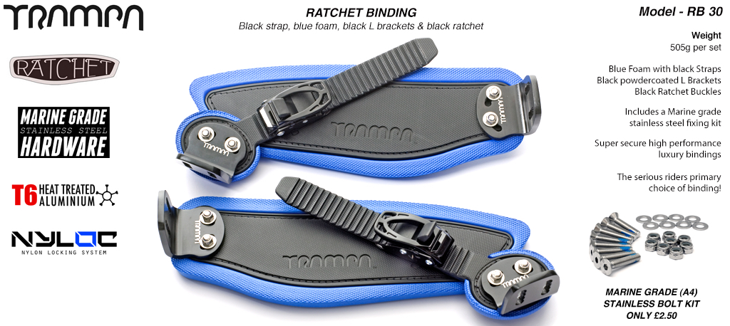 Ratchet Bindings - Black Straps on Blue Foam with Black L Brackets & Ratchets