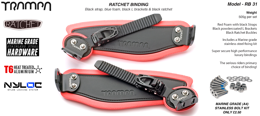 Ratchet Bindings - Black straps on Red foam with Black L Brackets & Ratchets
