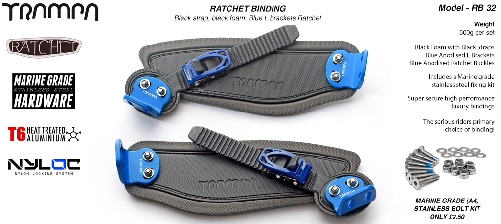 Ratchet Bindings - Black straps on Black Foam with Blue L Brackets & Ratchets