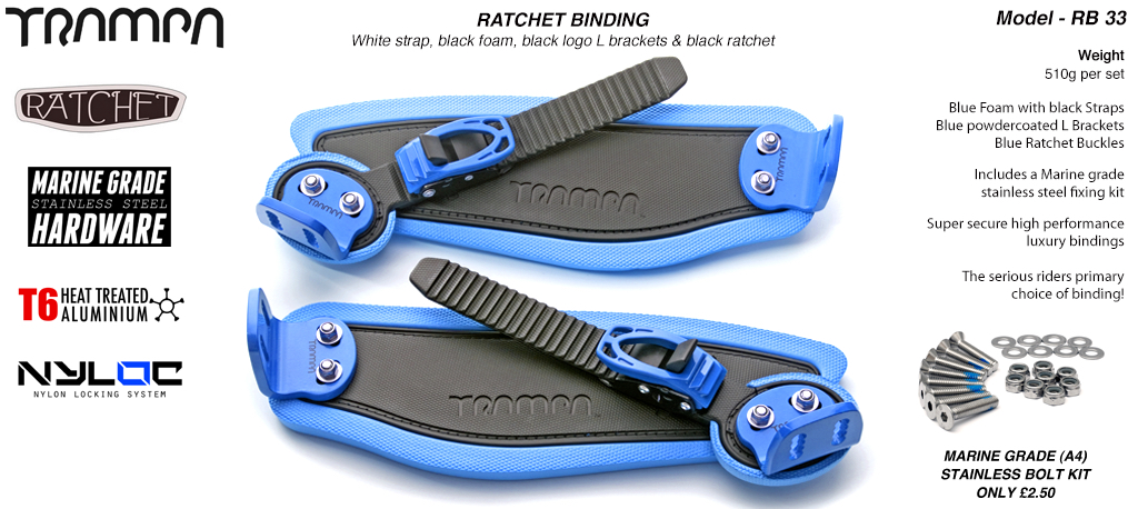 Ratchet Bindings - Black straps on Blue Foam with Blue L Brackets & Ratchets