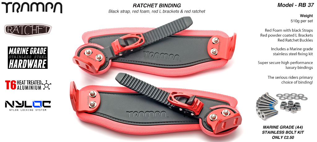 Ratchet Bindings - Black straps on Red Foam with Red L Brackets & Ratchets
