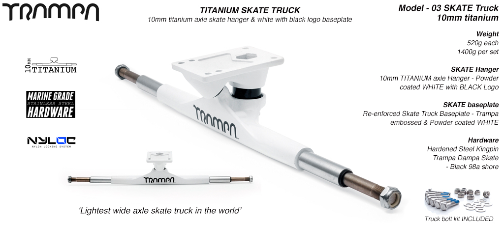 Super light weight TITANIUM Axle Skate Truck - Powder coated White BLACK Logo