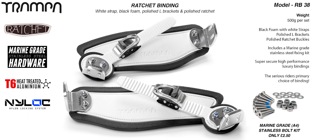 Ratchet Bindings - White Straps on Black Foam with Silver L Brackets & Ratchets