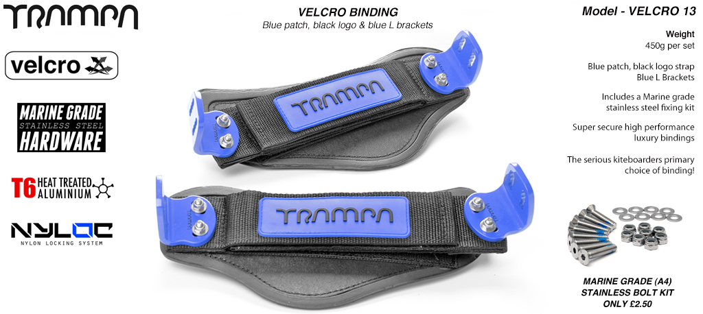 Nylon Hook Bindings - Blue patch with Black logo straps with Blue L Brackets