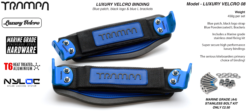 Luxury Velcro bindings - Blue patch with Black logo velcro straps and Blue L Brackets