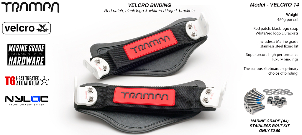 Nylon Hook Bindings - Red patch with Black logo Nylon Hook straps with White L Brackets