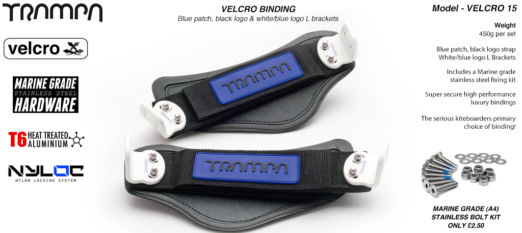 Nylon Hook Bindings - Blue patch with Black logo Nylon Hook straps with White L Brackets