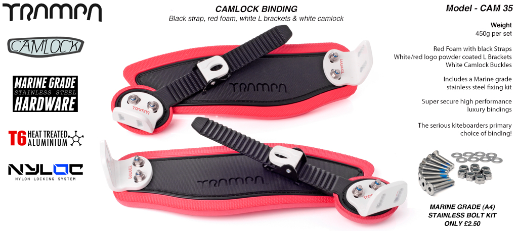 Camlock Bindings - Black Straps Red Foam White Red L Bracket & White Camlocks
