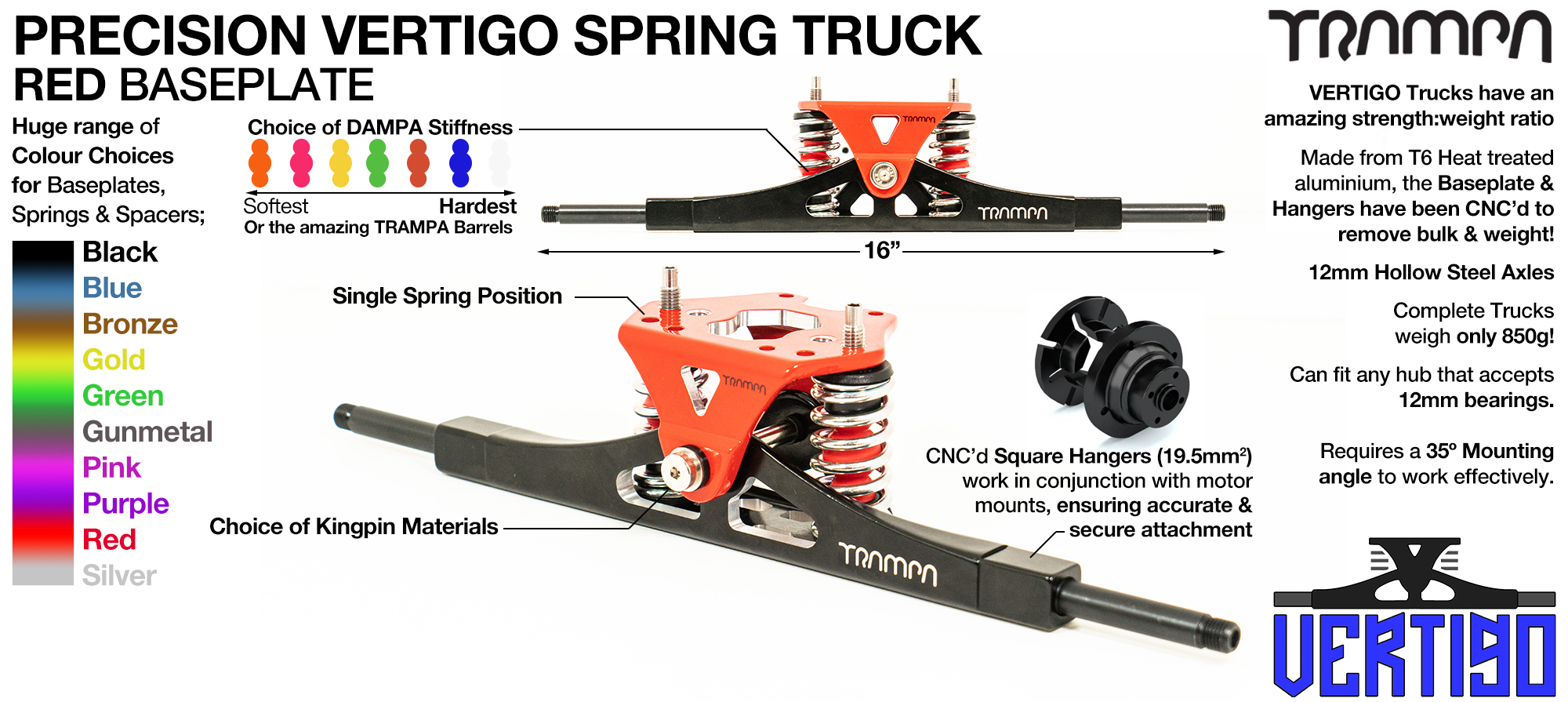 PRECISION CNC VERTIGO Truck RED - 12mm Hollow Axles with Powder-Coated RED CNC baseplate & Steel Kingpin TRAMPA Spring Trucks