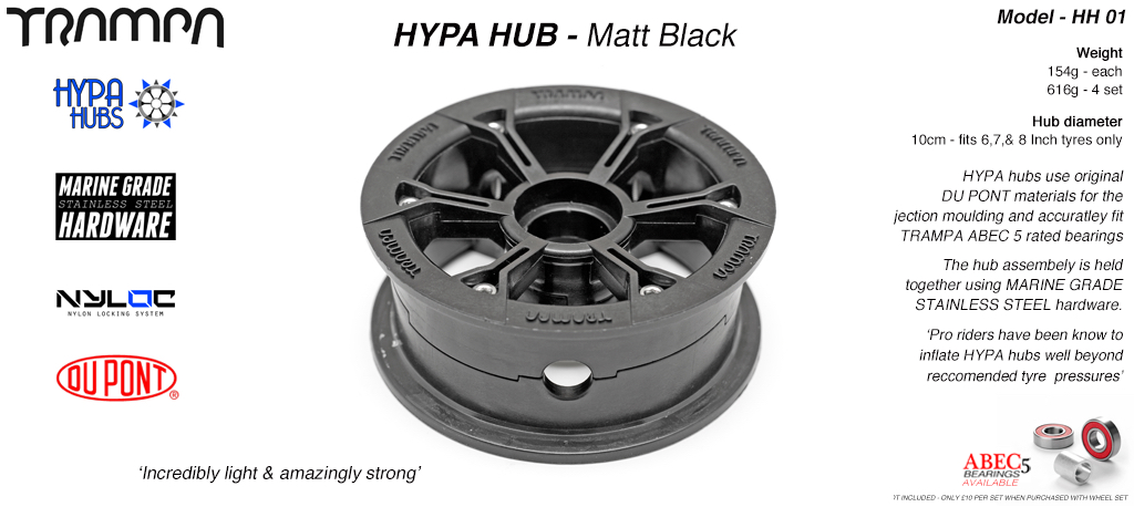 Matt BLACK HYPA HUB & fixings 3.75 x 2 inch - Including Marine Grade Stainless Steel Nuts & Bolts fits upto 8 Inch Wheels