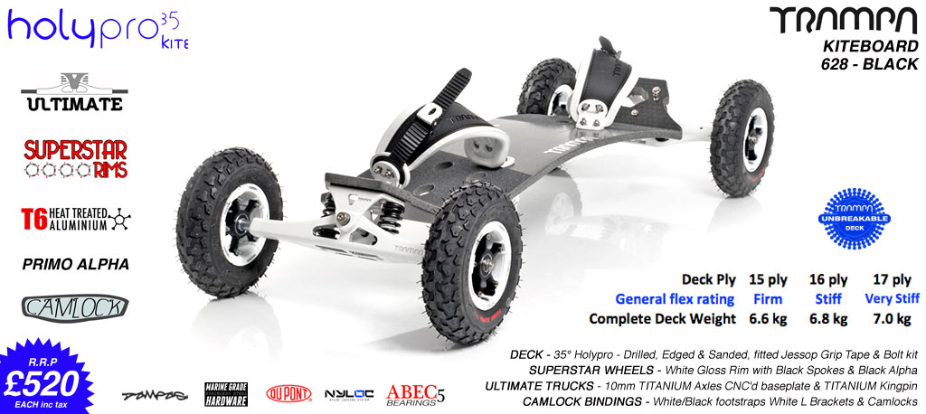 35° HOLY PRO TRAMPA Deck on ULTIMATE Trucks SUPERSTAR Wheels & CAMLOCK Bindings - 628T BLACK KITEBOARD