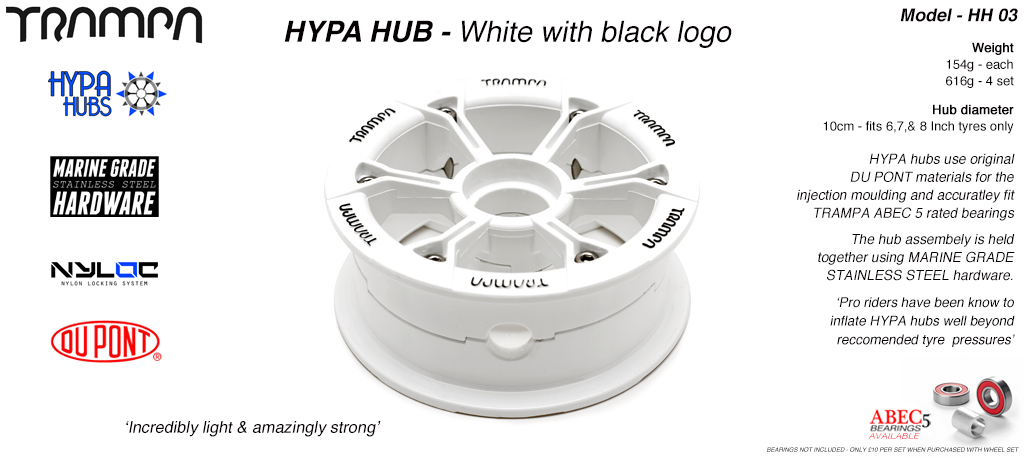 WHITE Gloss with BLACK Logo HYPA HUB 3.75 x 2 inch - Including Marine Grade Stainless Steel Nuts & Bolts fits upto 8 Inch Wheels 