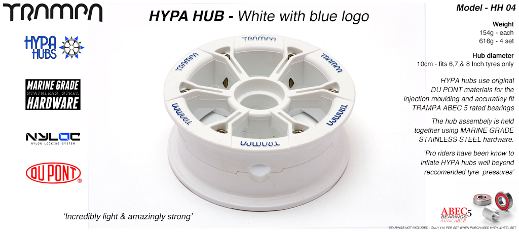WHITE Gloss with BLUE logo HYPA HUB 3.75 x 2 inch - Including Marine Grade Stainless Steel Nuts & Bolts fits upto 8 Inch Wheels