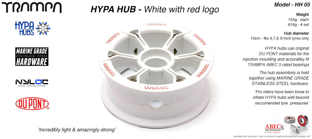 WHITE Gloss with RED logo HYPA HUB 3.75 x 2 inch - Including Marine Grade Stainless Steel Nuts & Bolts fits upto 8 Inch Wheels