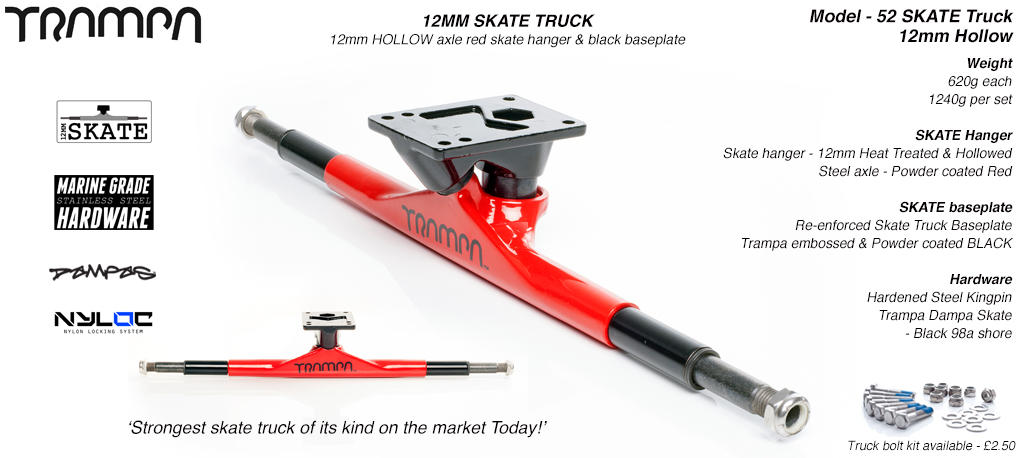 12mm Hollow Axle Skate Truck - Powdercoated RED with Black Trims