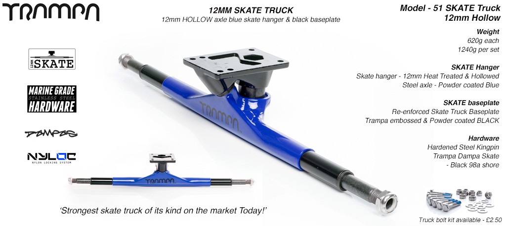 12mm Hollow Axle Skate Truck - Powdercoated BLUE with Black Trims