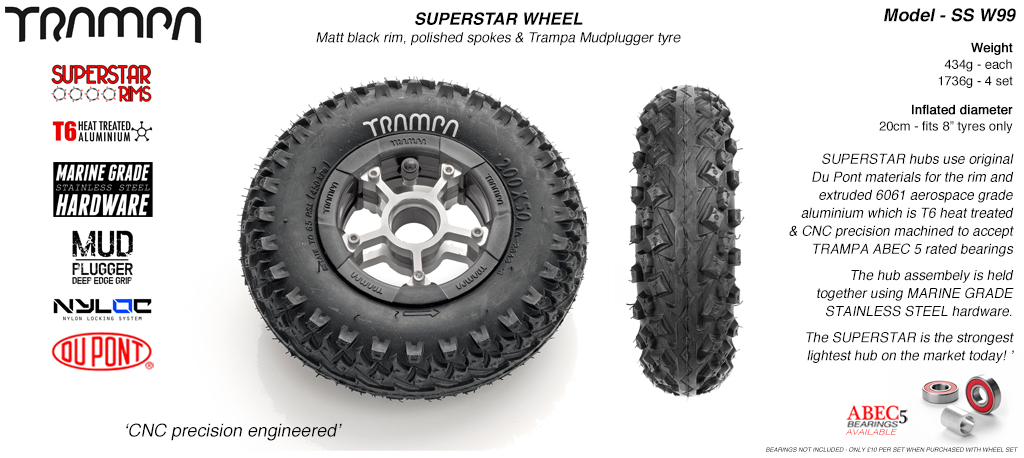 Superstar 8 inch wheels -  Matt Black Rim with Polished Spokes & Mud Plugger 8 Inch Tyre