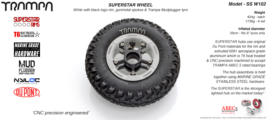 Superstar 8 inch wheels -  White Gloss Rim Black Anodised Spokes & Mud Plugger 8 Inch Tyre
