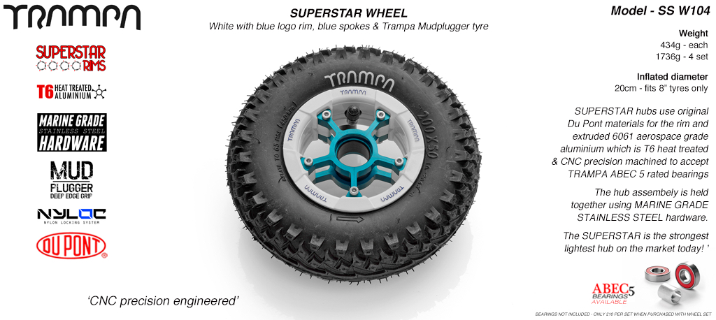 Superstar 8 inch wheels -  White & Blue Logos with Blue Anodised Spokes & Mud Plugger 8 inch Tyre