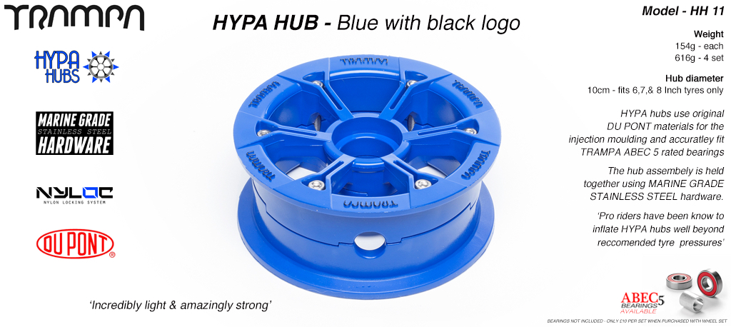 BLUE Gloss with BLACK logo HYPA HUB 3.75 x 2 inch - Including Marine Grade Stainless Steel Nuts & Bolts fits upto 8 Inch Wheels 