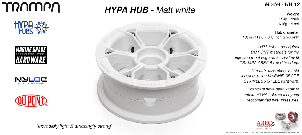 Matt WHITE HYPA HUB 3.75 x 2 inch - Including Marine Grade Stainless Steel Nuts & Bolts fits upto 8 Inch Wheels