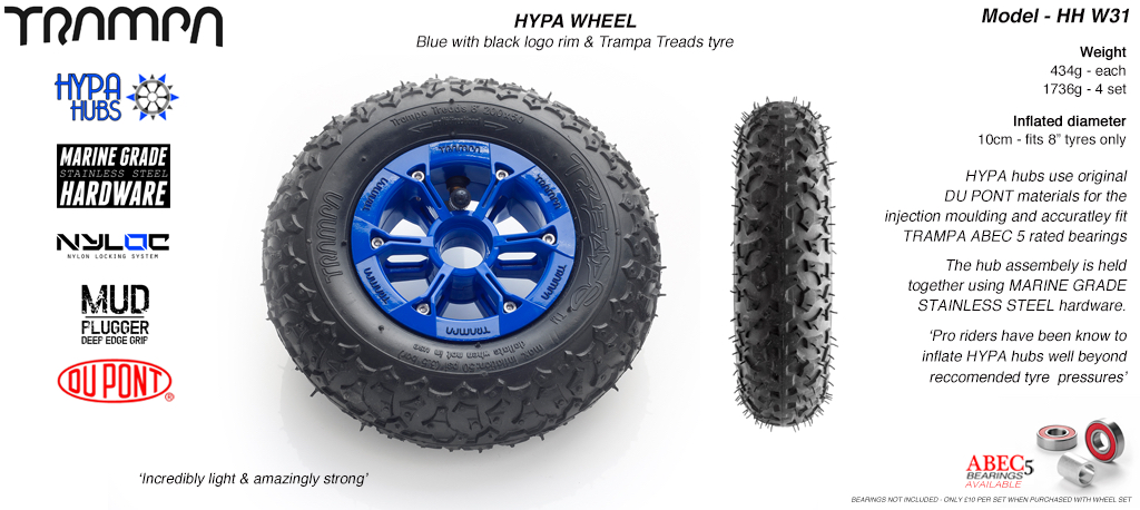 8 Inch Wheel - Blue & Black logo Hypa Hub with Trampa Treads 8 Inch Tyre