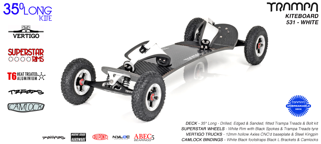 35° Long TRAMPA Deck on VERTIGO Trucks with SUPERSTAR Wheels & CAMLOCK Bindings - 531 WHITE KITEBOARD