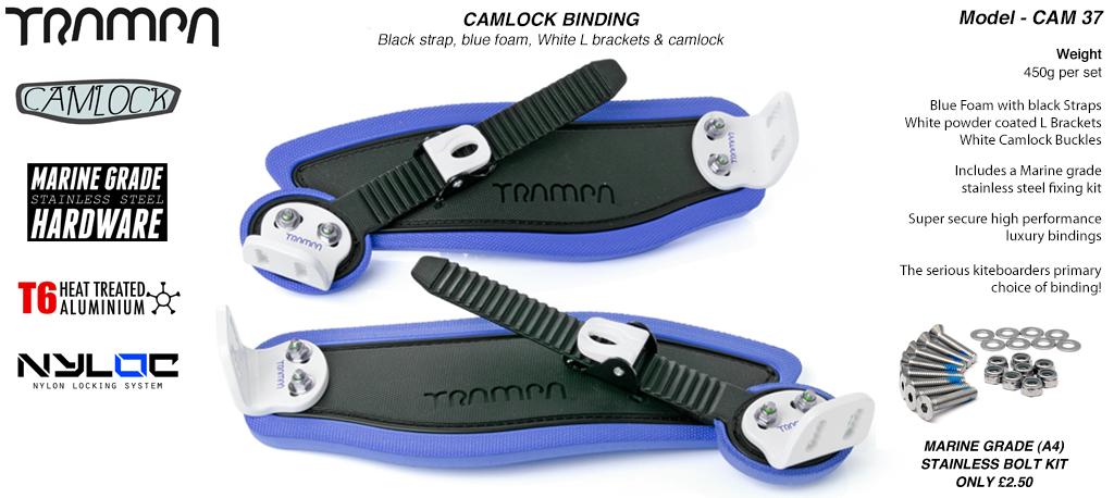 Camlock Bindings - Black straps on Blue Foam with White L Brackets & Camlocks
