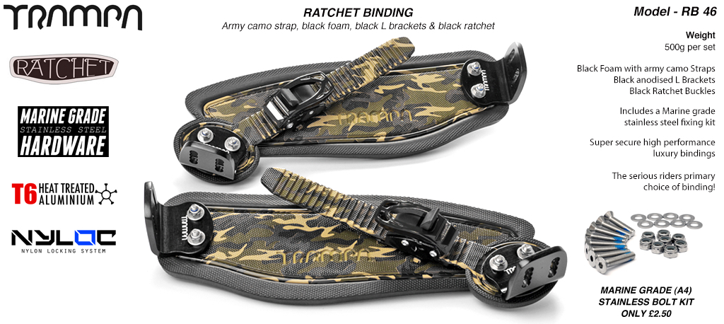 Ratchet Bindings - Army Camo straps on Black Foam Black L Brackets & Ratchets