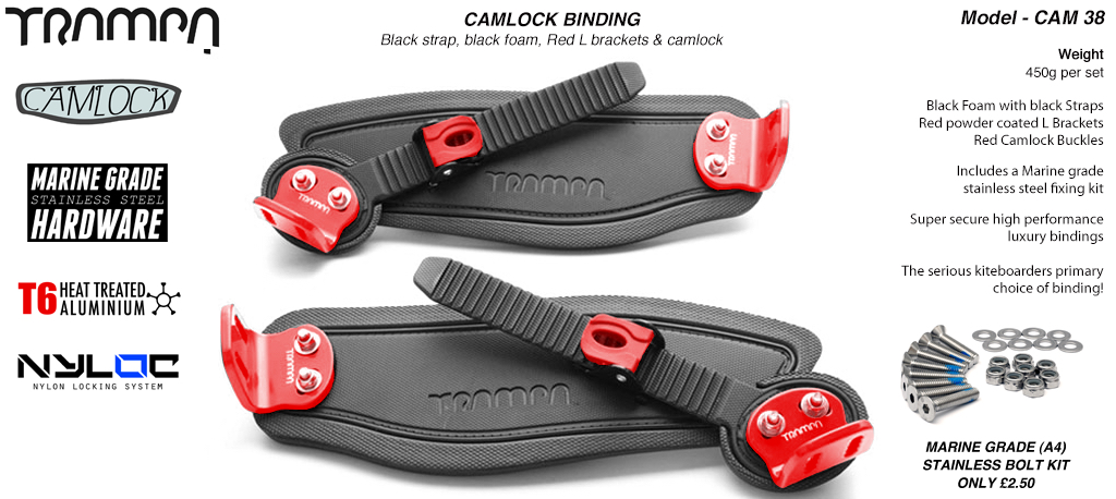 Camlock Bindings - Black straps on Black Foam with RED L Brackets & Camlock