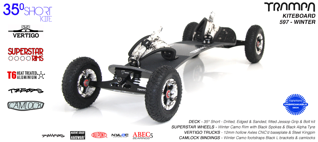 35° Short TRAMPA Deck on VERTIGO Trucks with SUPERSTAR wheels & CAMLOCK Bindings - 597 WINTER KITEBOARD