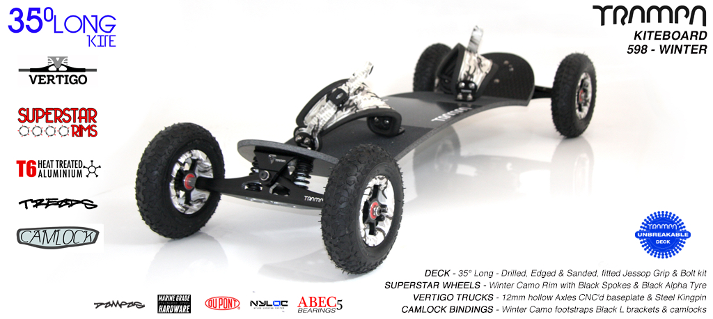 35° Long TRAMPA Deck on VERTIGO Trucks with SUPERSTAR wheels & CAMLOCK Bindings - 598 WINTER KITEBOARD