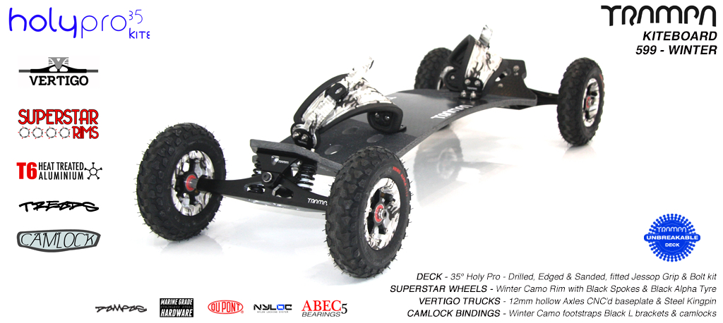 35° HOLY PRO TRAMPA Deck on VERTIGO Trucks with SUPERSTAR Wheels & CAMLOCK Bindings - 599 WINTER KITEBOARD