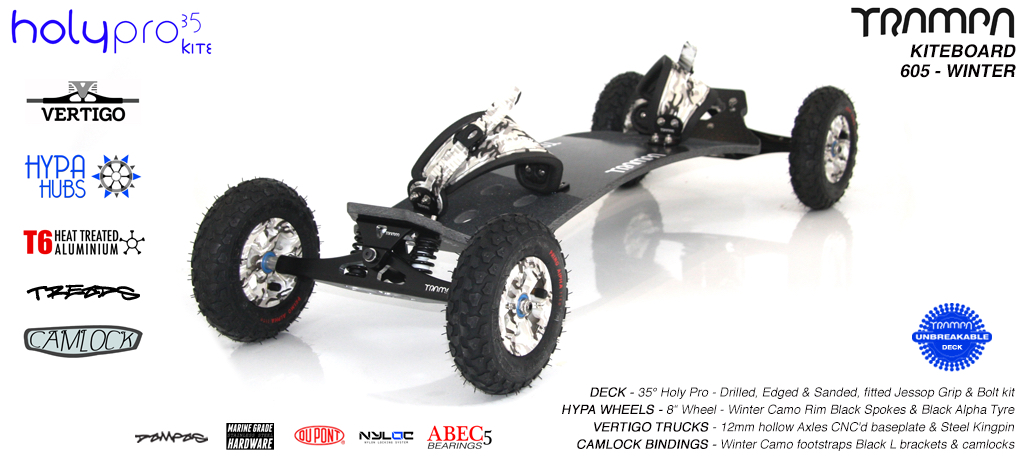 35° HOLY PRO TRAMPA Deck on VERTIGO Trucks with HYPA Wheels & CAMLOCK Bindings - 605 WINTER KITEBOARD
