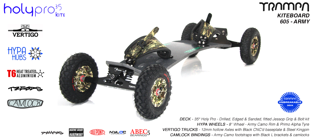 35° HOLY PRO TRAMPA Deck on VERTIGO Trucks with HYPA Wheels & CAMLOCK Bindings - 605 ARMY KITEBOARD