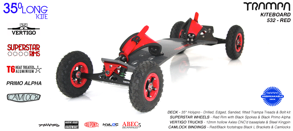 35° HOLY PRO TRAMPA Deck on VERTIGO Trucks SUPERSTAR Wheels & CAMLOCK Bindings - 532 RED KITEBOARD