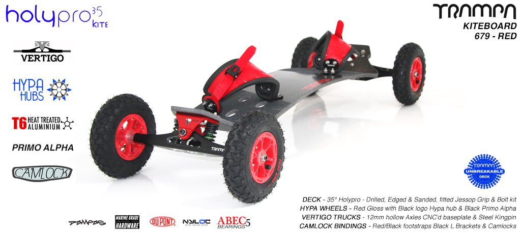35° HolyPro TRAMPA Deck on VERTIGO Trucks with HYPA Wheels & CAMLOCK Bindings - 679 RED KITEBOARD