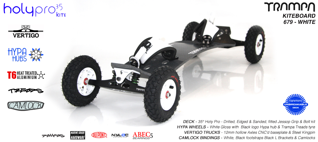 35° HolyPro TRAMPA Deck on VERTIGO Trucks with HYPA Wheels & CAMLOCK Bindings - 679 WHITE KITEBOARD